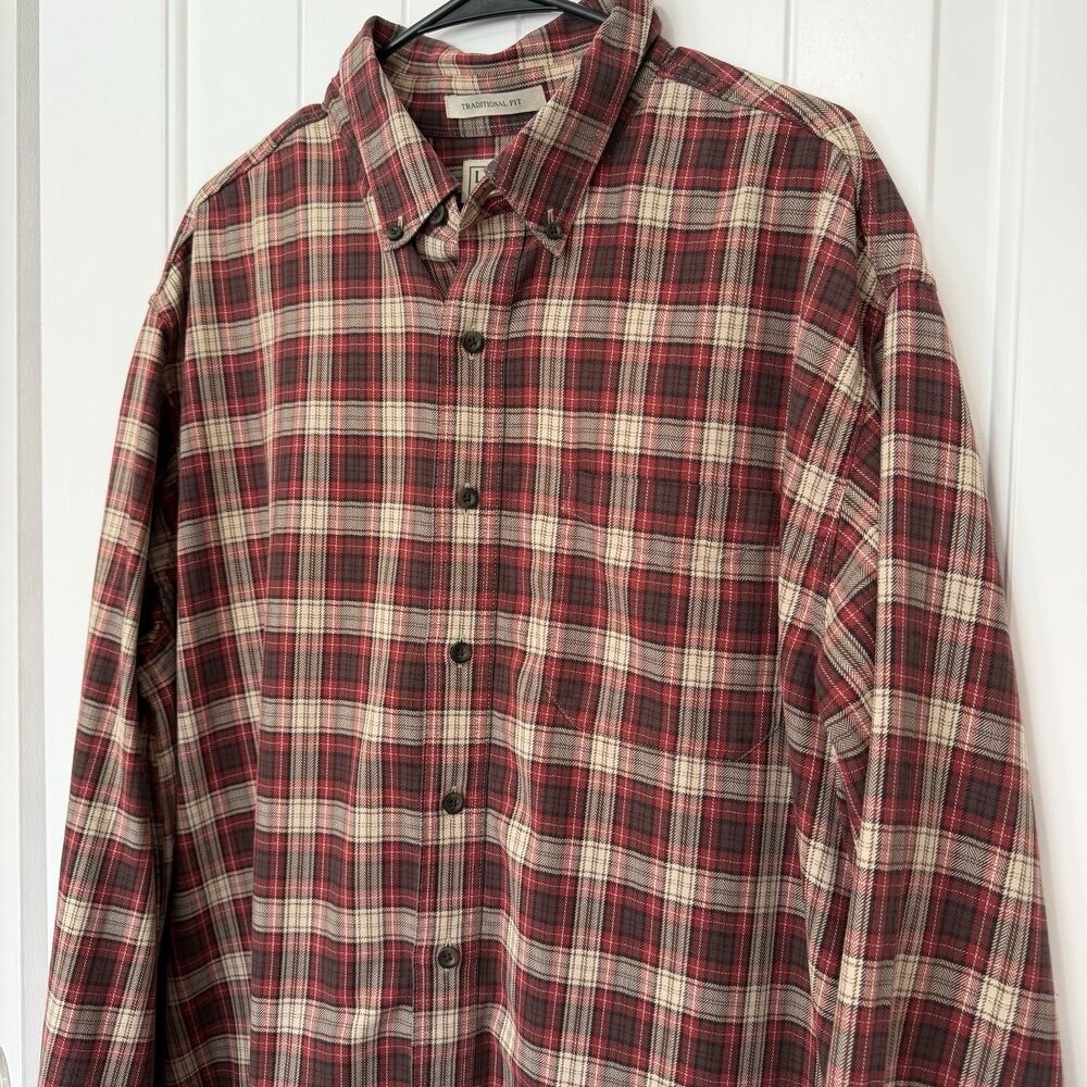 LL Bean Long Sleeve Button Down Flannel Shirt Men XL Tall Red Brown Plaid Cotton